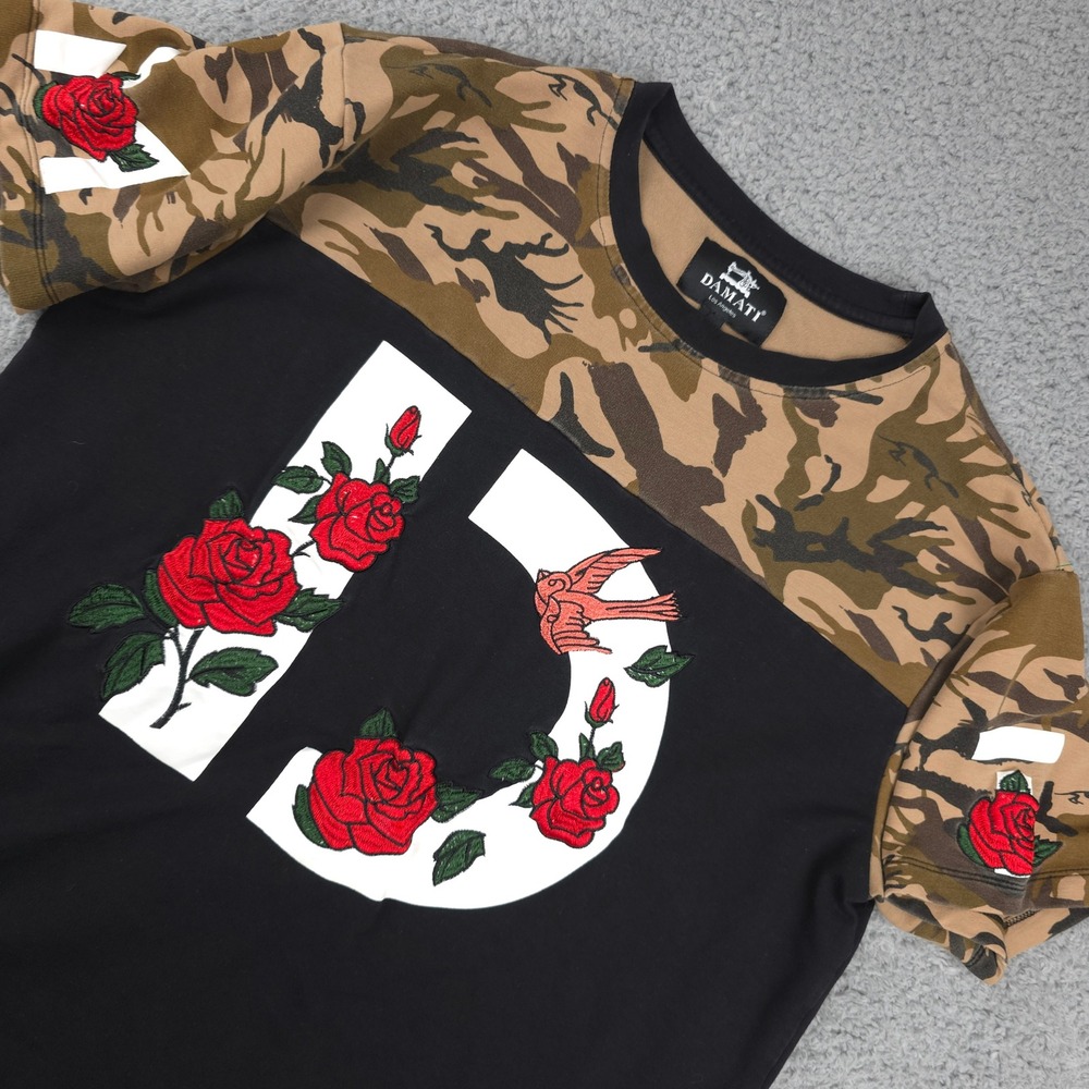 DAMATI Streetwear Jeans‎ Mens T-Shirt Large Camo Rose Bird Graphic Size Large